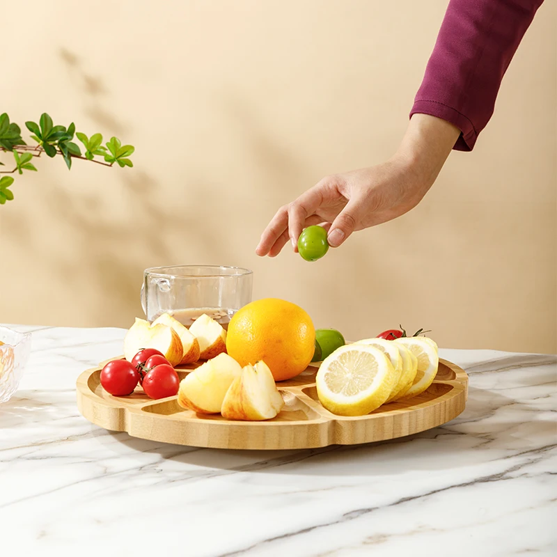 

Bamboo and wood round plates, divided into grid trays, five grid balls, and dried fruits