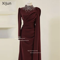 Xijun Luxury Crepe Long Evening Dresses Crystal Full Sleeves Formal Prom Dresses High Collar Pleats Modest Prom Gown Customized