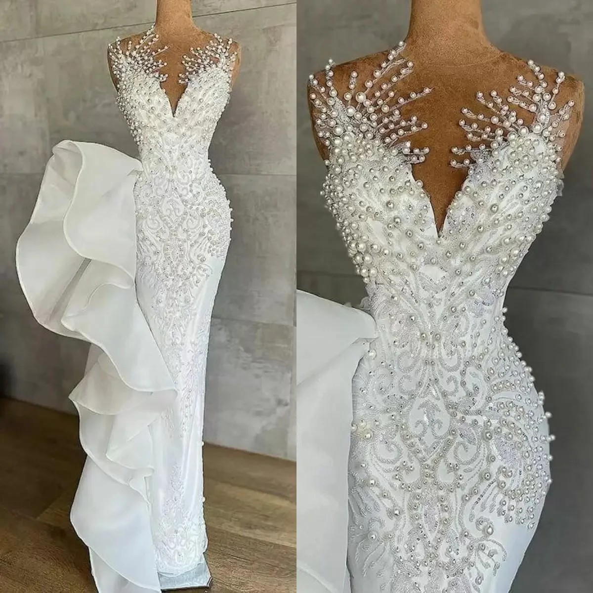 Luxurious Pearls Mermaid beach Wedding Dresses Beaded Crystals Lace sheer Jewel Neck Sequined Bridal Gowns Robe de mariée