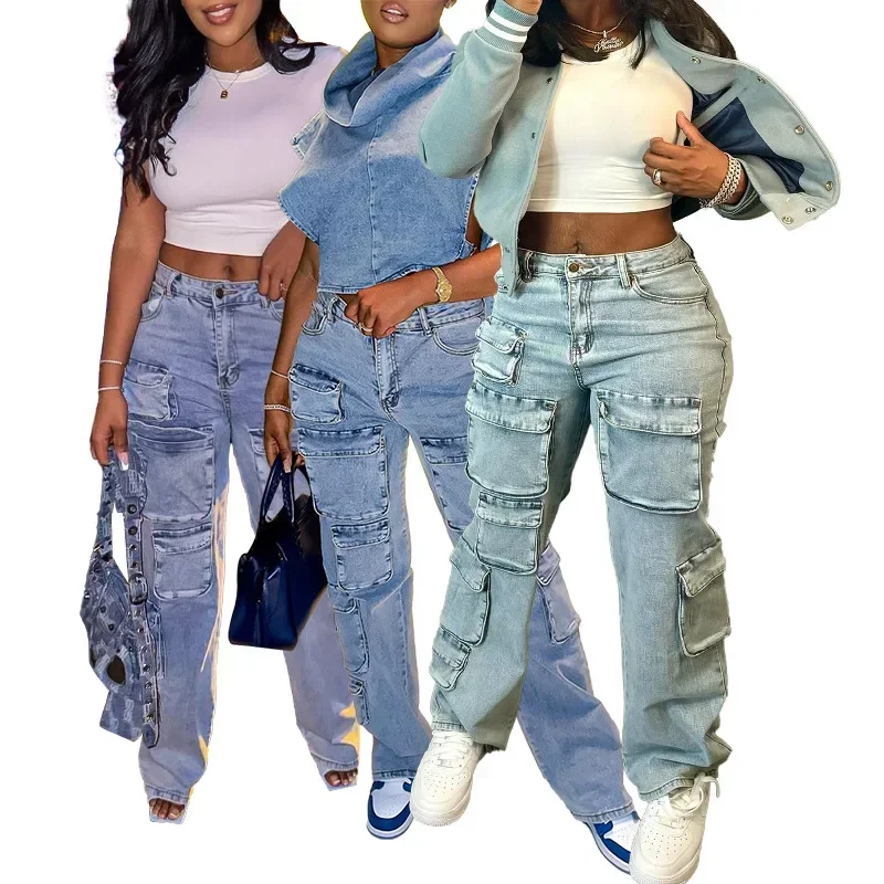 

Women Jeans Cargo Pant Long Pants Slim Fit Casual Regular Solid High Waist Splice Button Pocket Straight Trousers Denim Pant