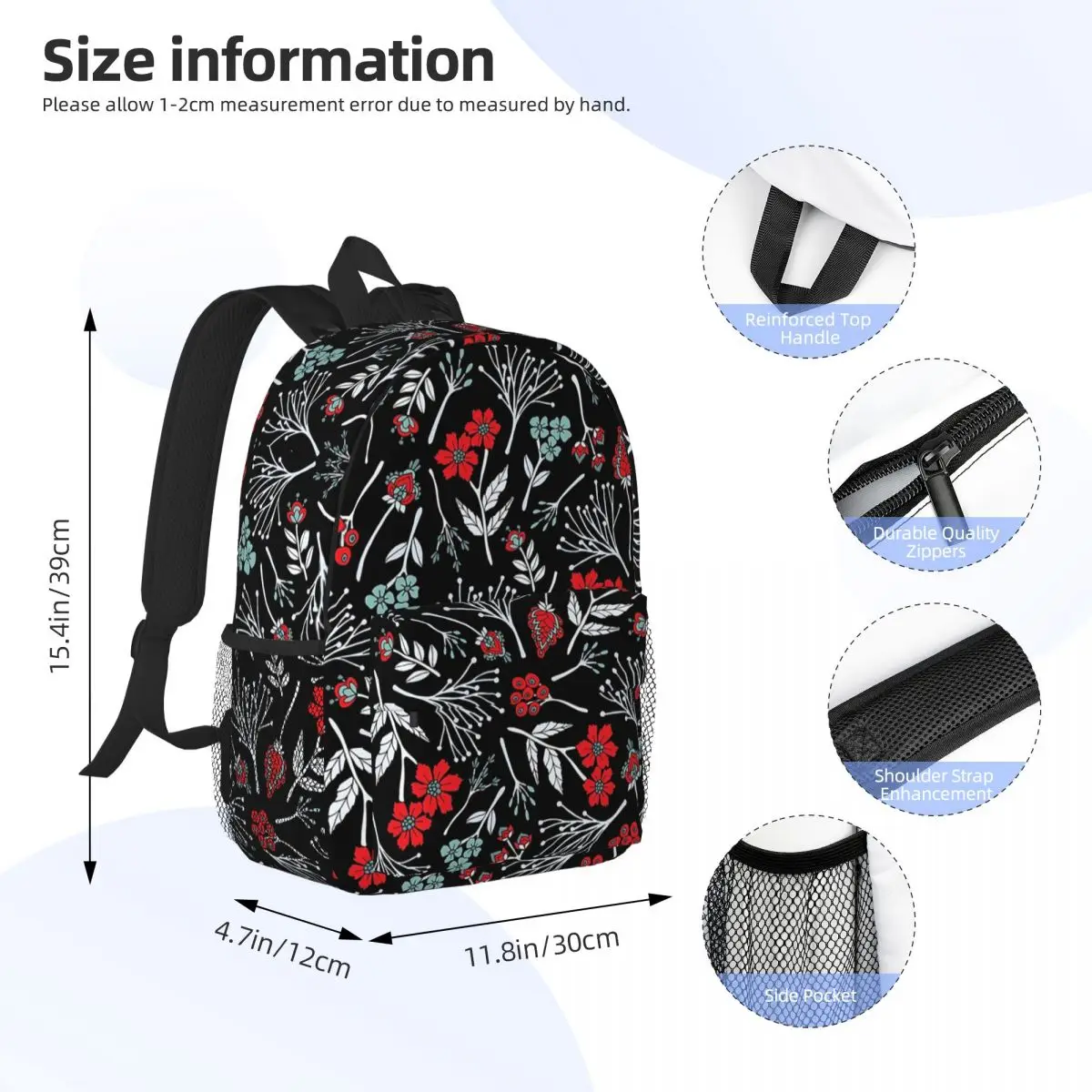 Bright Red, White, Light Blue & Black Floral Backpacks Boys Girls Bookbag Cartoon Children Bags Laptop Rucksack Shoulder Bag