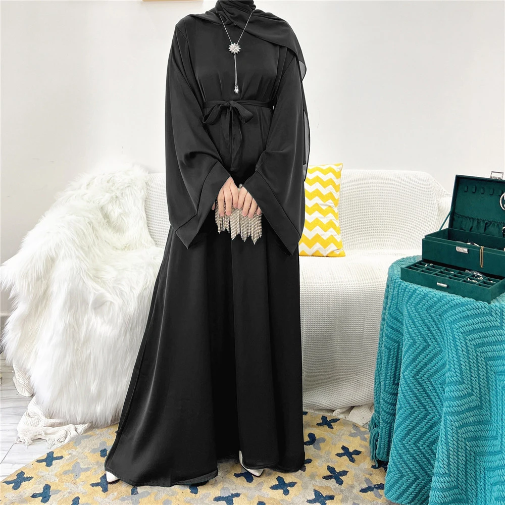 Elegant Shiny Satin Abaya Modest for Women Muslim Eid Dress Ramadan Kaftan Arabic Long Robe Dubai Femme Islamic Jalabiya Vestido