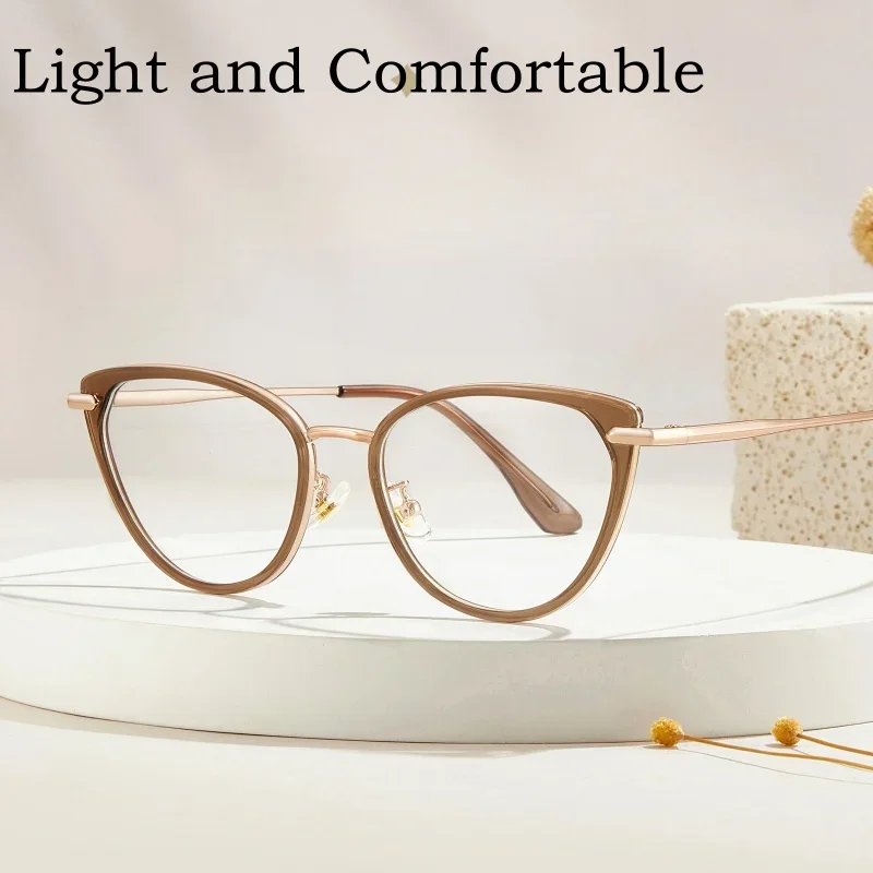 OLLYMURS New Retro Alloy Glasses Frame Women Cat Eye Optical Prescription Eyeglasses Fashion Trend Plain Makeup Ins Style