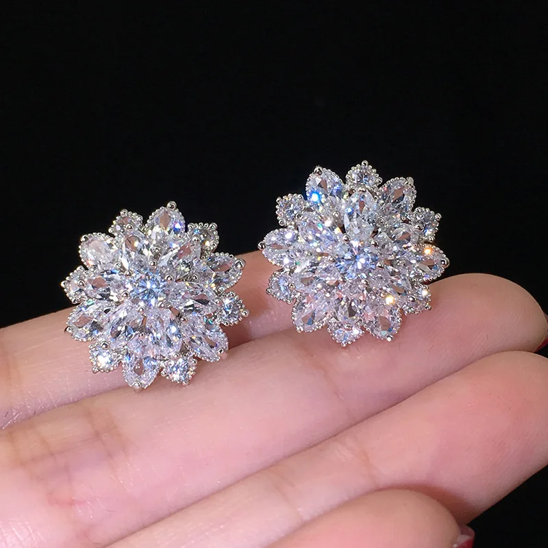 925 Stamp Hot Sale Bling Zircon Stone Flower Silver Color Stud Earrings For Women Fashion Jewelry Korean Earrings Party Gift