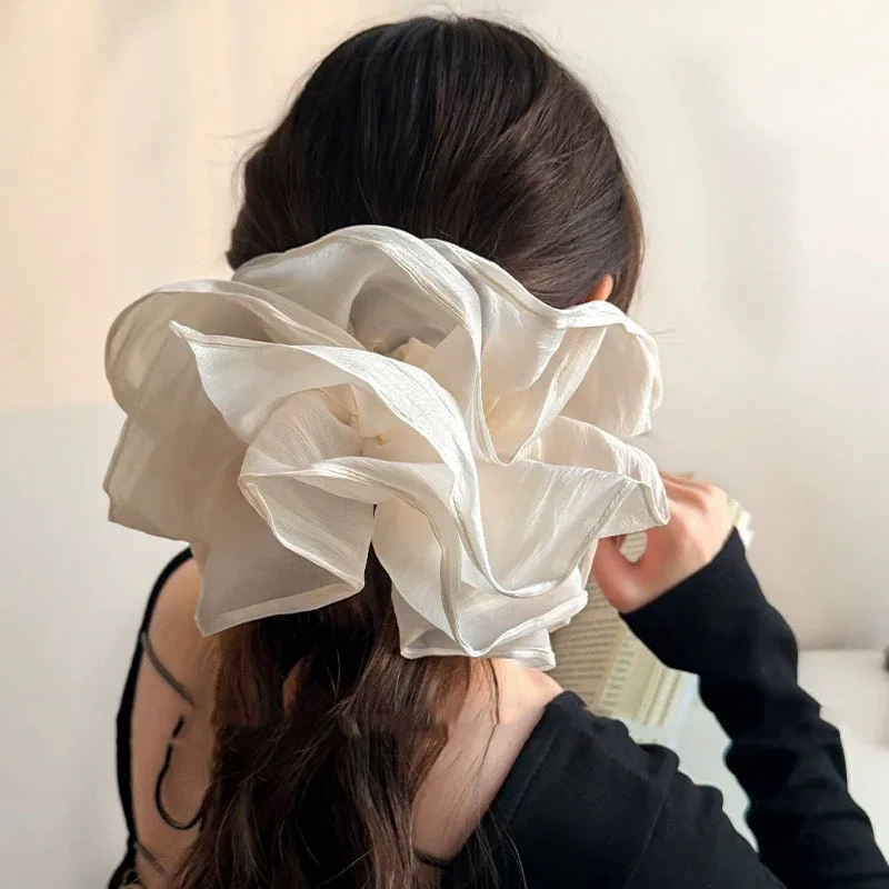 Élastique à cheveux doux, élégant, romantique et délicat, surdimensionné, multicouche, blanc cassé et noir, pour femmes et filles, pour queue de cheval