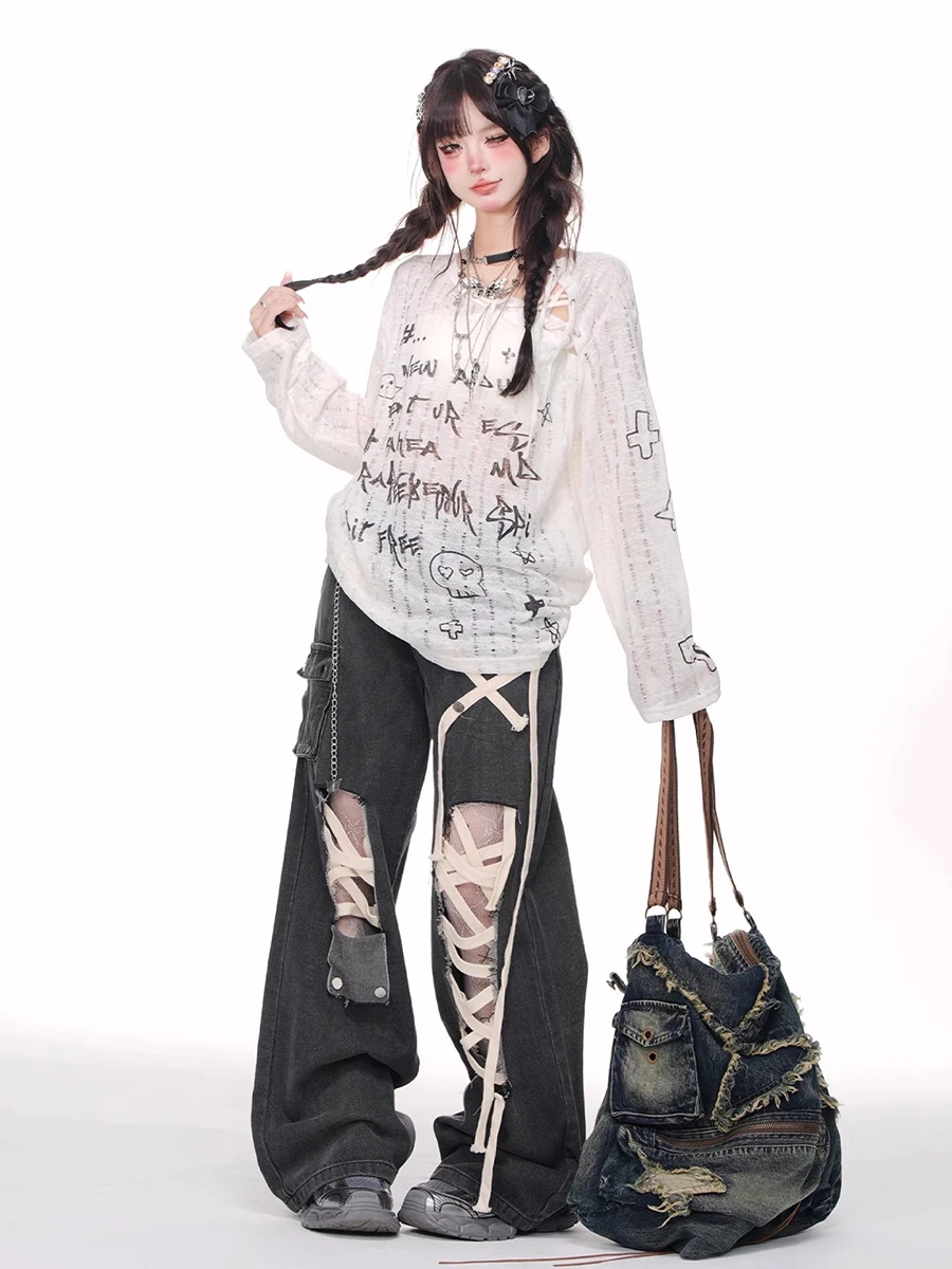 REDDACHiC Punkowe Czarne Jeansy Cargo Damskie z Ćwiekami, Sznurowane, z Dziurami, Kieszeniami, Wysokim Stanem, Szerokimi Nogawkami, Retro Harajuku Streetwear — zdjęcie 6