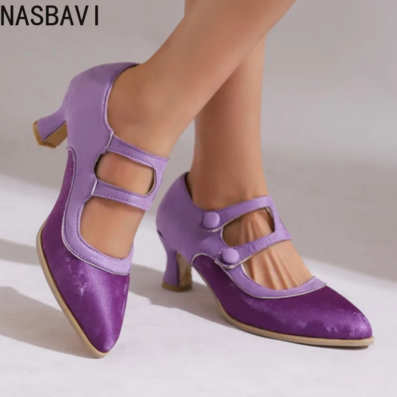 

Large Size 44 45 46 47 Spring New Retro Hollow Out Mary Jane Shoes Women Flock Pointy Toe High Heeled Dress Zapatos Ladies Pumps