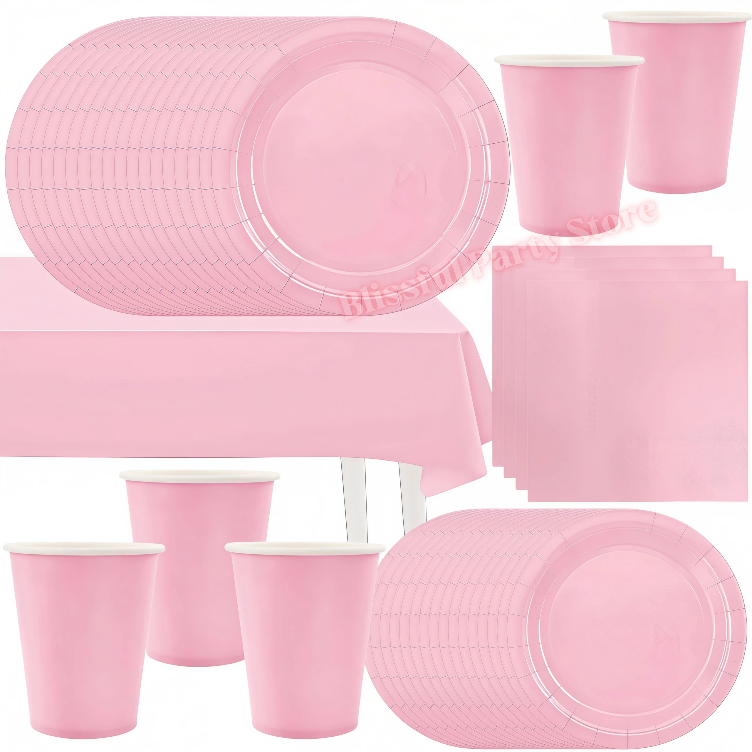 Rosa Partyzubehör Geschirrset Einfarbig Hellrosa Pappteller Becher Servietten für Mädchen Gastgeschenke Babyparty Hochzeitsdekoration