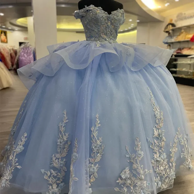 Hell himmelblau quince anera Kleider Ballkleid Applikationen Spitze Perlen Schatz Geburtstags feier Kleid vestidos de 15 anos echtes Bild