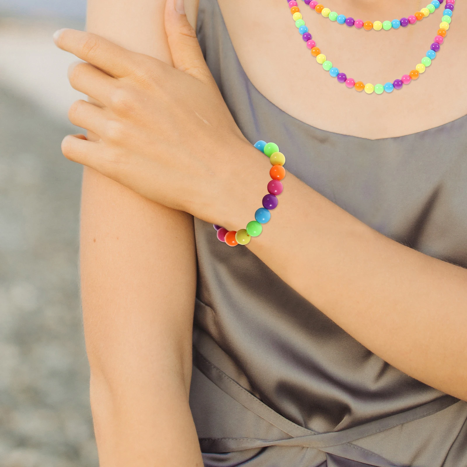 

Rainbow Color Accessories Necklace Bracelet Kit Colorful Beaded Jewelries Plastic Lightweight Bright Women Jewelry Gift Girls