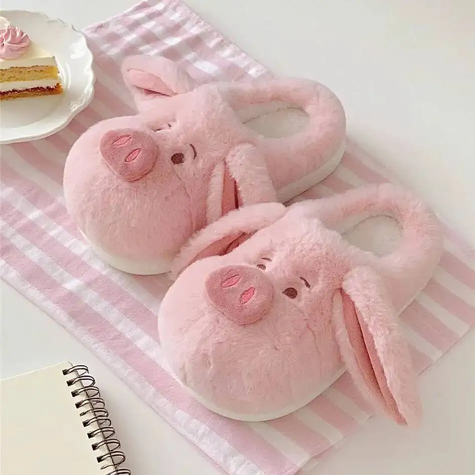 

Pink Pig Fluffy Home Slippers For Women Comfortable Warm Winter Style Girlish Indoor Household Maternity Slippers