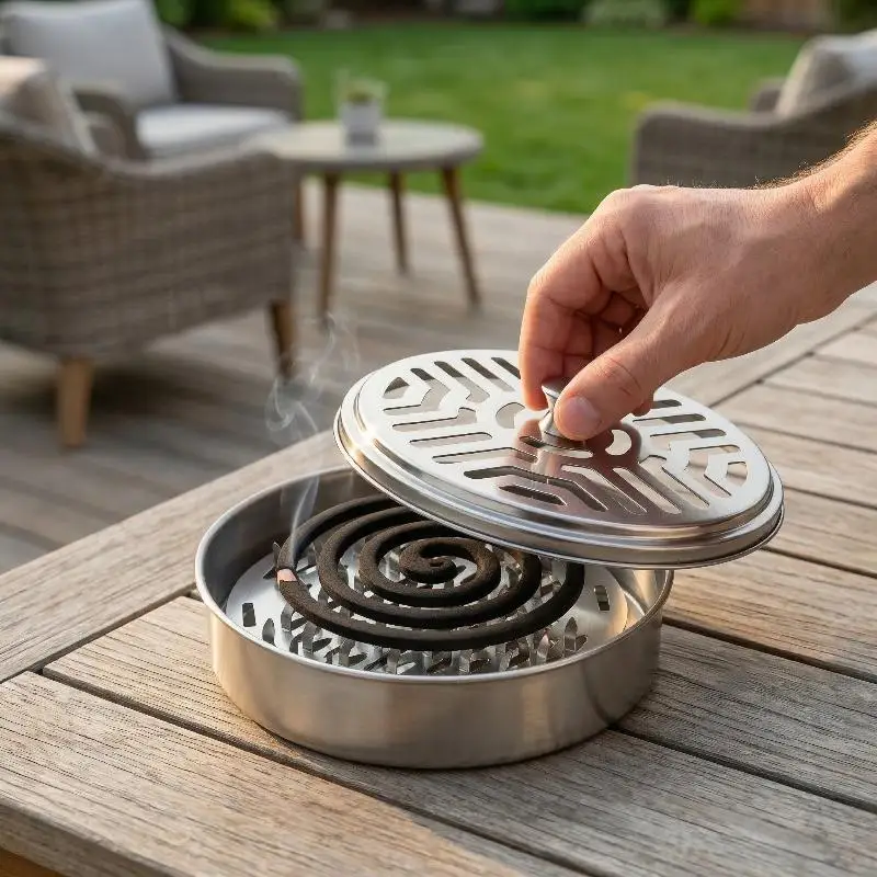 Stainless Steel Mosquito Coil Box Round Design with Lid Rustproof Portable Mosquito  for Indoor Outdoor Use