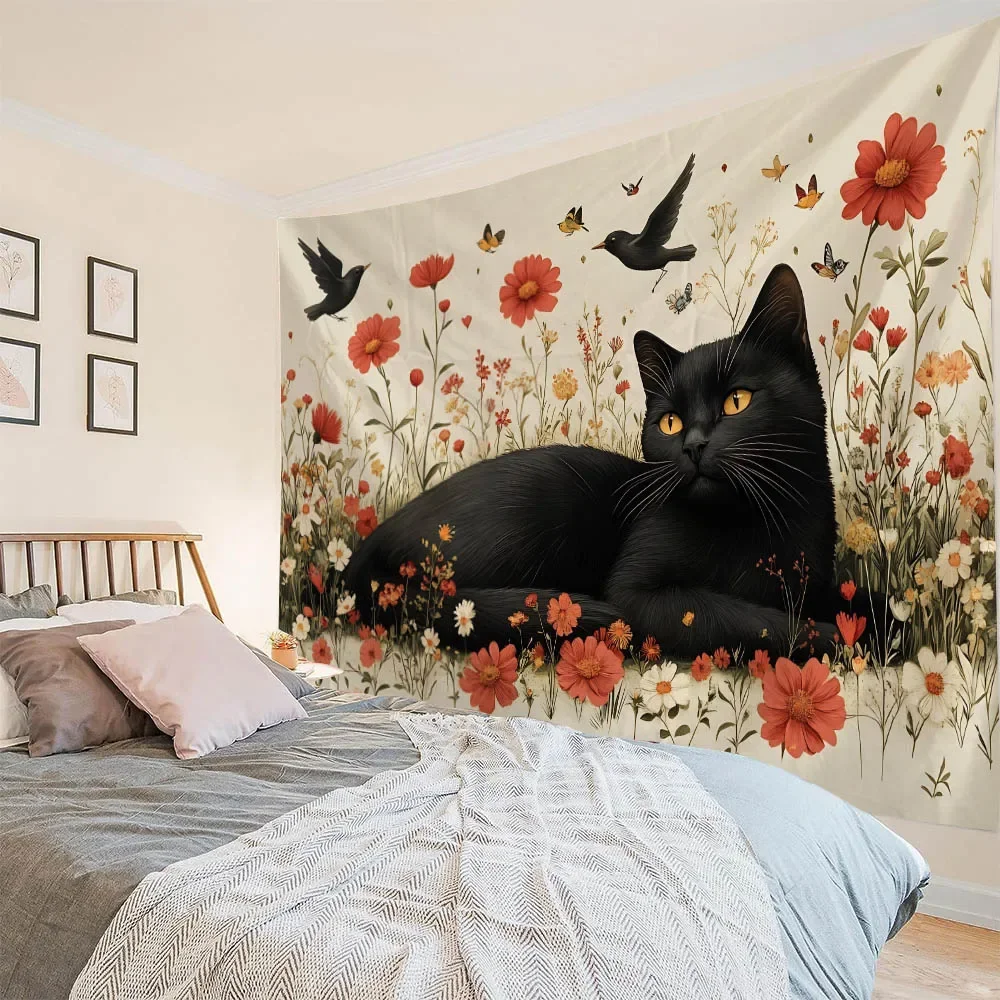 Colored Cat Tapestry Wall Hanging, Witchcraft, Psychedelic Animal Dormitory, Aesthetic Room Decoration, Dreamy Background Cloth