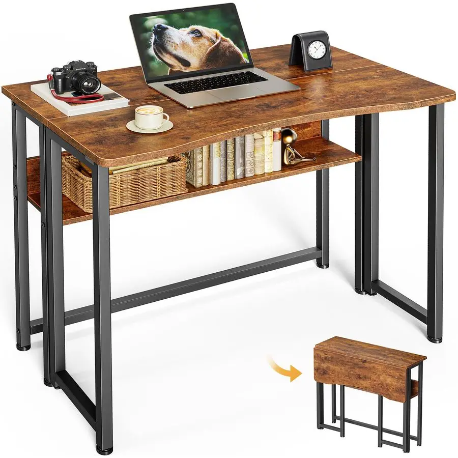 

Folding Desk with Storage Shelf, 31.5 Inch Foldable Computer Table for Small Spaces, Space Saving Sofa Table for Couch, Writing