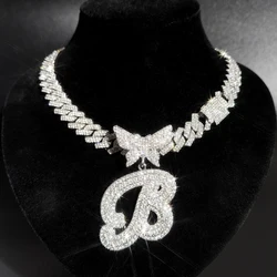 Iced Out Bling Butterfly Letter Pendant Necklace For Women AAA Rhinestone Paved Prong Cuban Chain Initial Necklaces Punk Jewelry