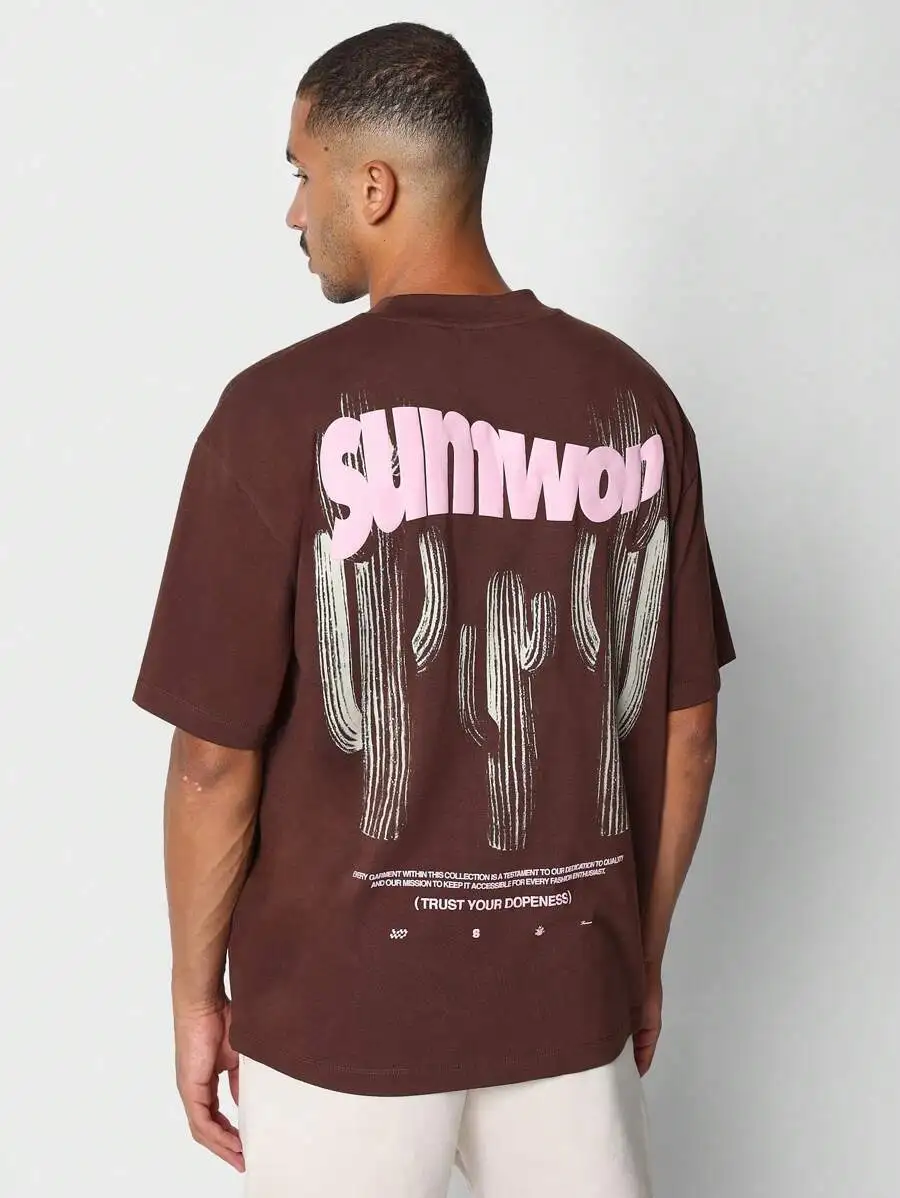 

Оверсайз футболка с коричневым принтом кактуса, свободный крой, уличный стиль, хлопок, для летнего повседневного образа