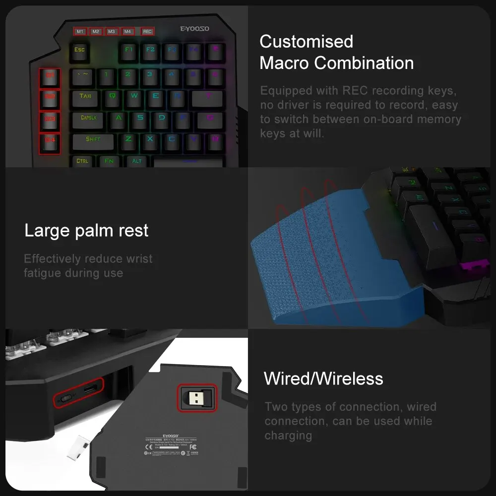 E-YOOSO K722 RGB 2.4Ghz Wireless Mini One-handed Mechanical Gaming Keyboard Blue Switch 44 Key Gamer for Computer PC Laptop