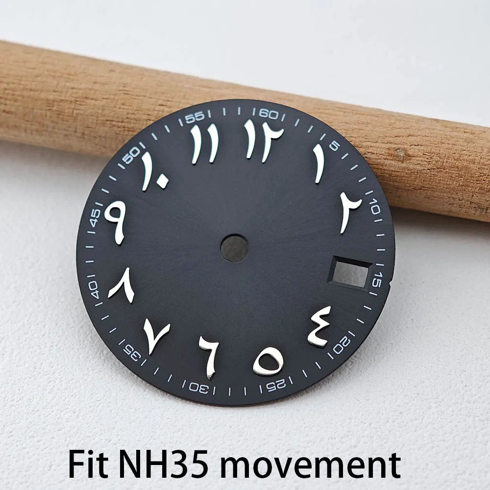28.5mm NH35 Movement Watch Dial, Black Silver Arabic Numeral Marks Watch Face, Support DIY Custom Logo, Men Watch Modification A