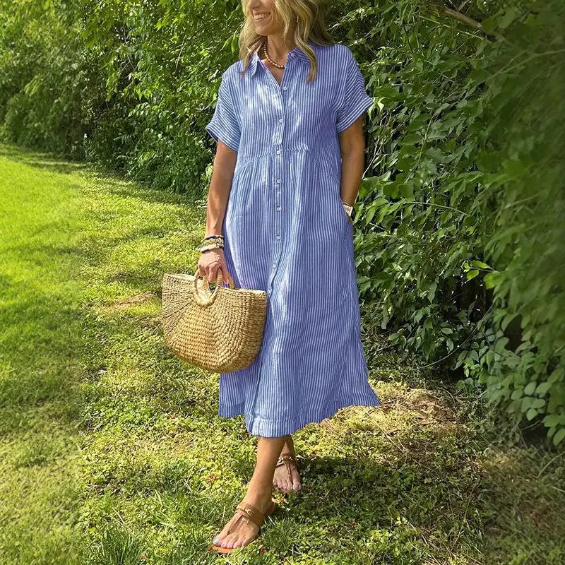 Orsso a righe grandi Sved irt Dr Cotone da donna Fre Sle Modello base Fibra di poliestere ort Sve Busin Casual