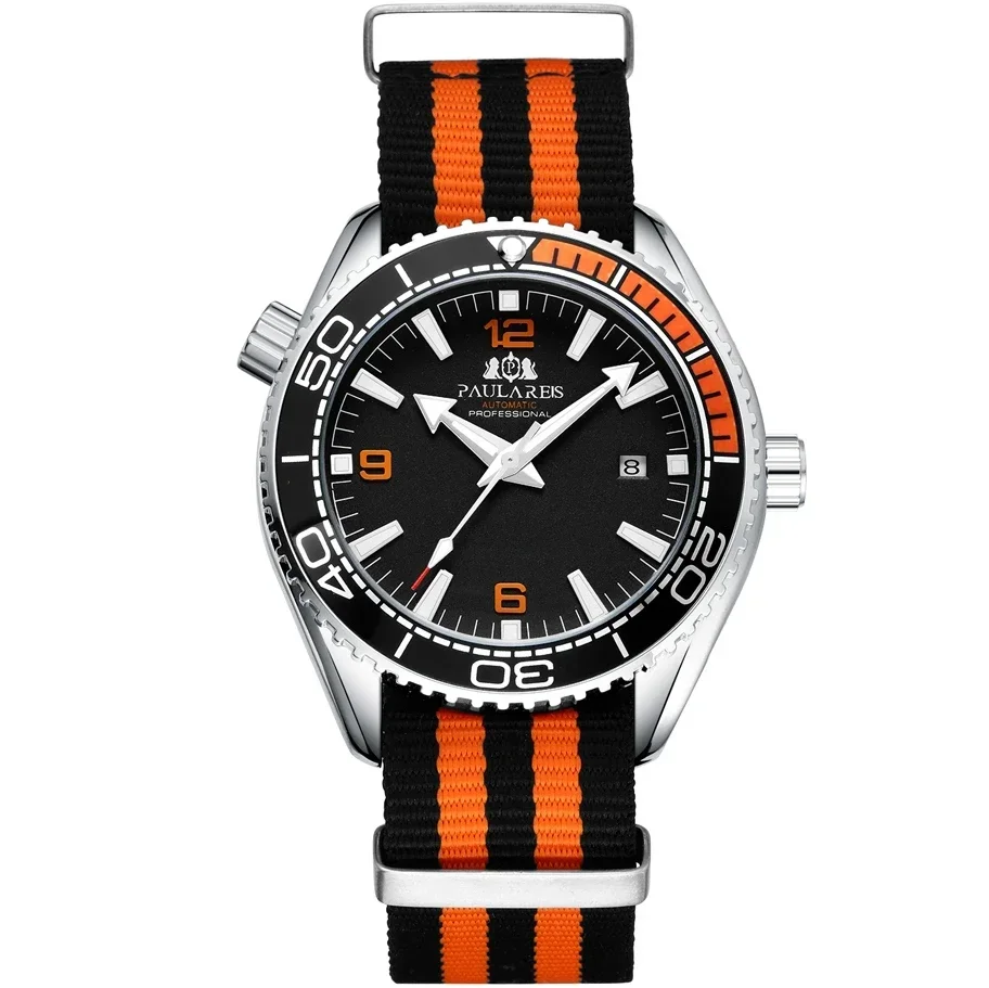 Automatic Watch for Men Mechanical Orange Black Blue Canvas Strap Luxury Reloj Hombre Relogios Masculino