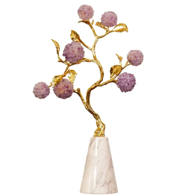 Handmade amethyst jewelry brass branch marble base TV cabinet door craft gift