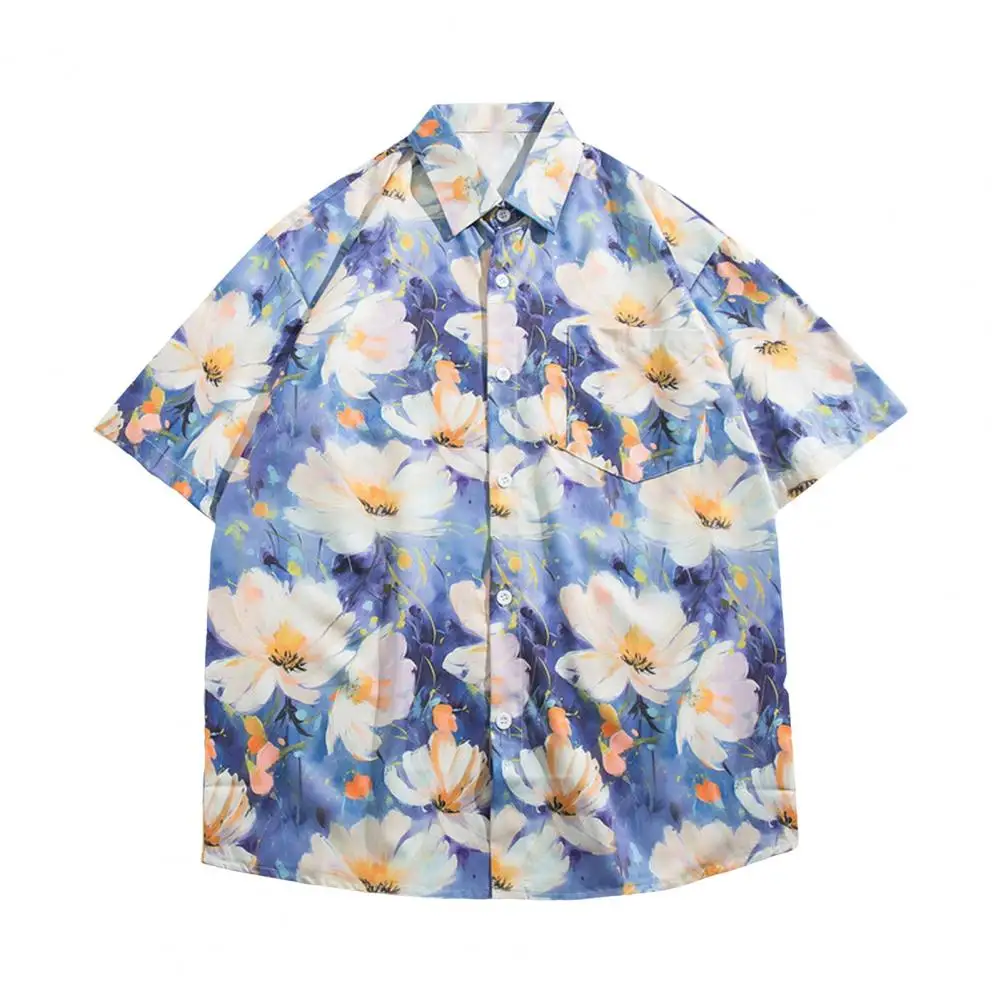 

Unisex Vacation Shirt Flower Print Short Sleeves Tropical Style Hawaii Top Loose Single-breasted Lapel Couple Summer Beach Shirt