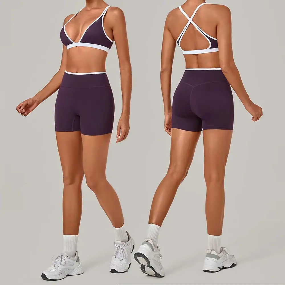Women 2 Piece Yoga Set Deep V Neck Criss Cross Back Sports Bra High Waist Stretch Biker Shorts Gym Workout Running Fitness Suit