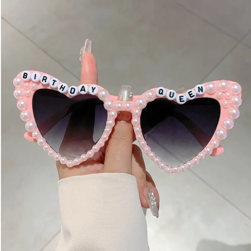 KAMMPT Birthday Queen Letters Pink Shades Heart Shaped Decor Present Glasses White Pearl Party Gift Props Frame for Ladies