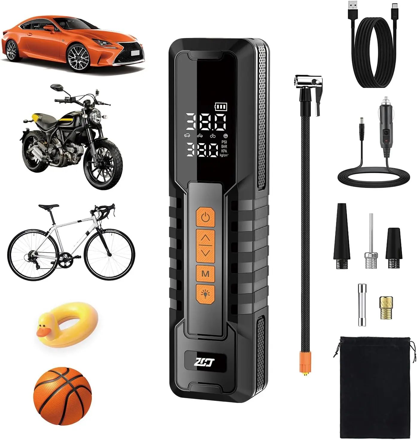 

Portable Tire Inflator 150PSI, 6000mAh Air Compressor for Car, Bike, Motorcycle, Ball - LED Light, Auto Shut-Off