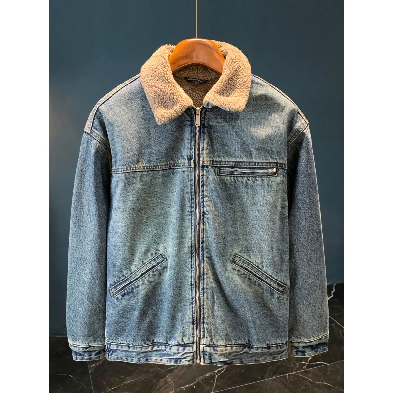 

Толстая джинсовая куртка с добавлением флиса для мужчин зимняя, теплая, ретро, модная, ностальгическая и модная.