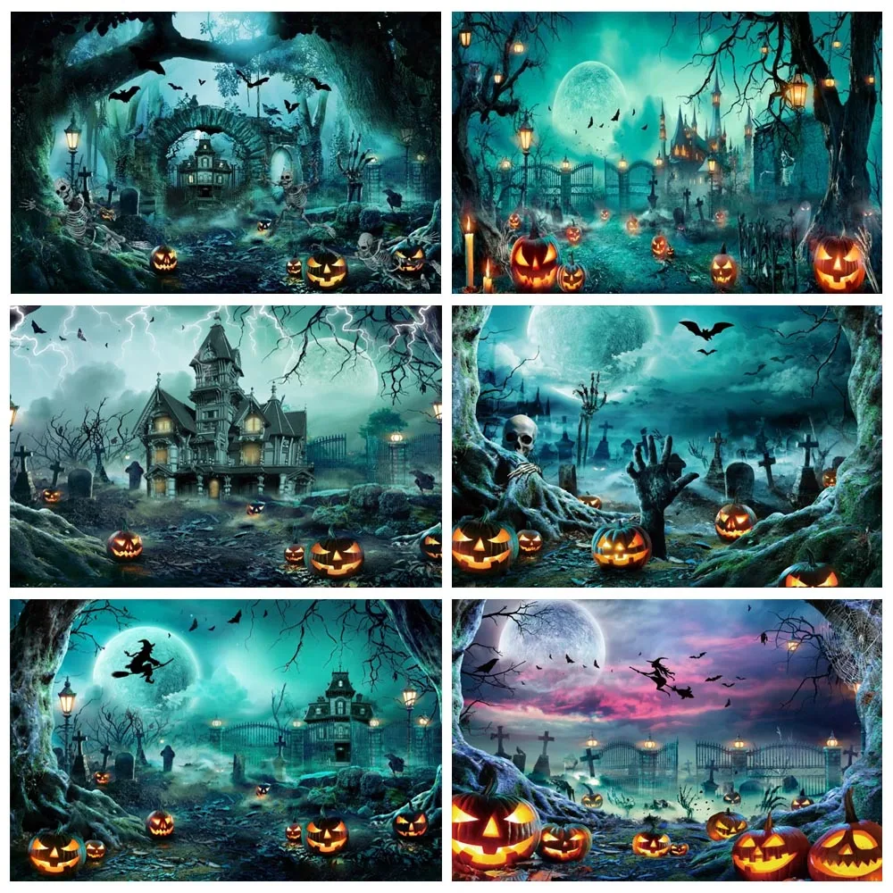 

Halloween Party Backdrop Horror Night Moon Scary Forest Castle Pumpkin Cemetery Skull Halloween Theme Photography Background