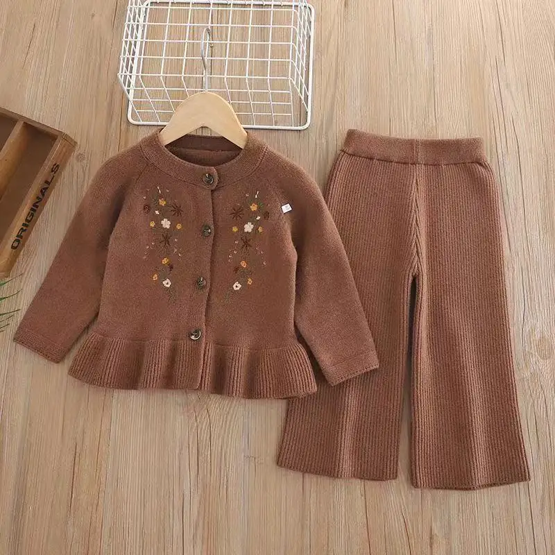 

Vintage Knit Embroidered Cardigan and Straight Pants Set for Baby Girls Autumn Winter Outfit 80-130cm Kids Clothing