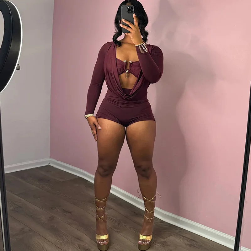 STYLISH LADY Deep V Neck Ruched Bodycon Jumpsuit With Metal 2026 Summer Women Long Sleeve Sexy Hollow Out Sexy Club Party Romper