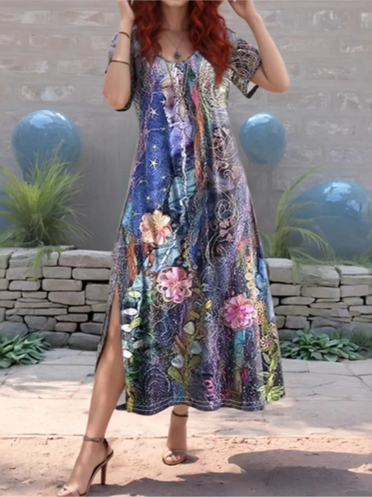 Boho Print Dress For Women Fashion Short Sleeve V Neck Loose Dresses Robe Femme Casual Vintage Holiday Skirt Womens Clothing New