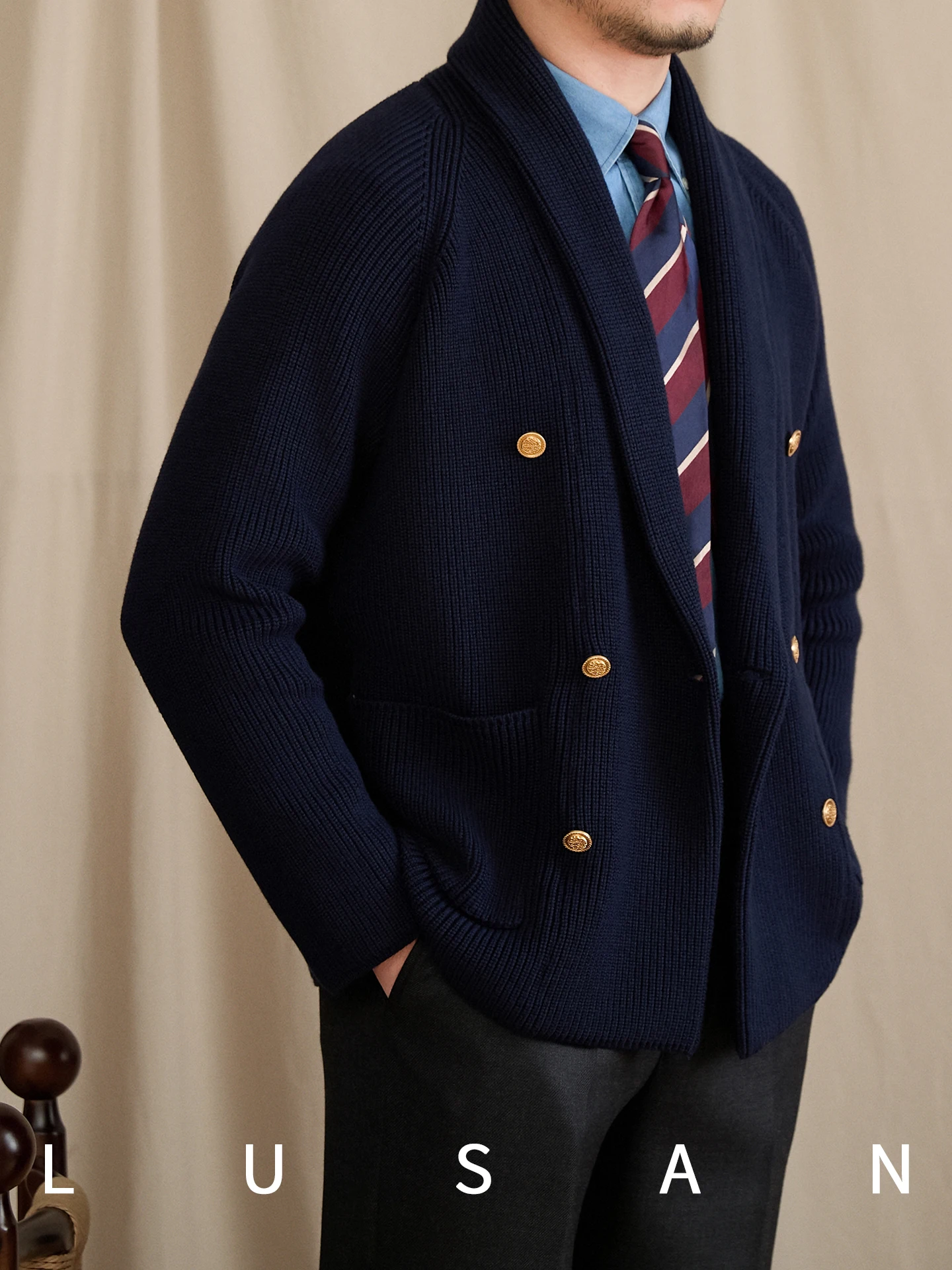 High-End Autumn and Winter Blue Collar Double-Breasted Woven Cloth Reze Casual Sweater Coat Loose Cardigan for Men