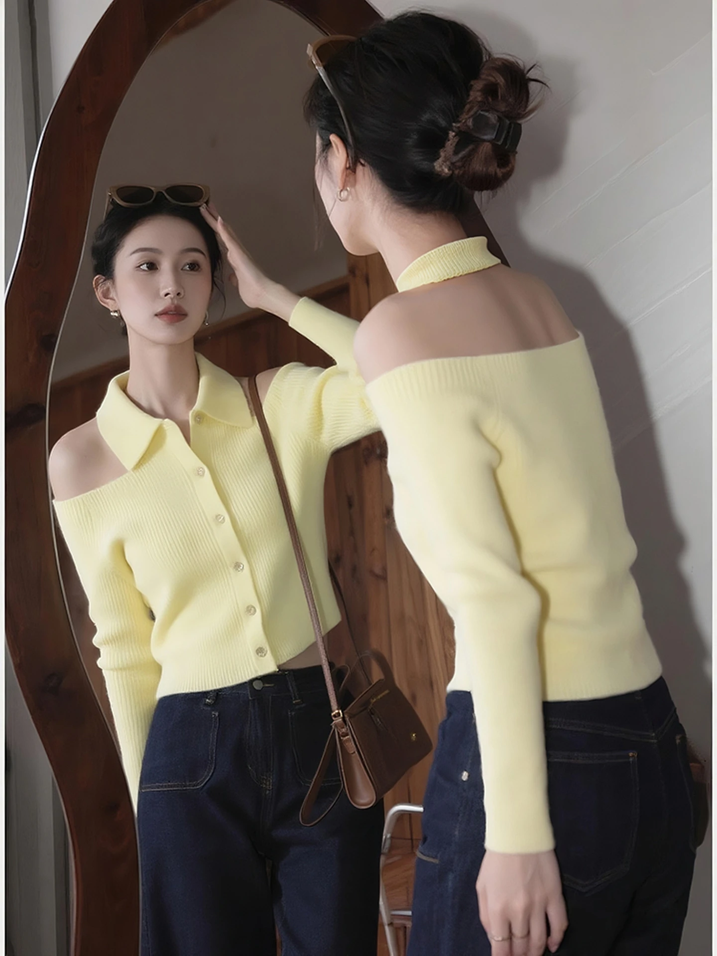 

Шикарный корейский вязаный свитер с длинными светями и очками, женский осенний утягивающий универсальный топ с открытым кардиганом