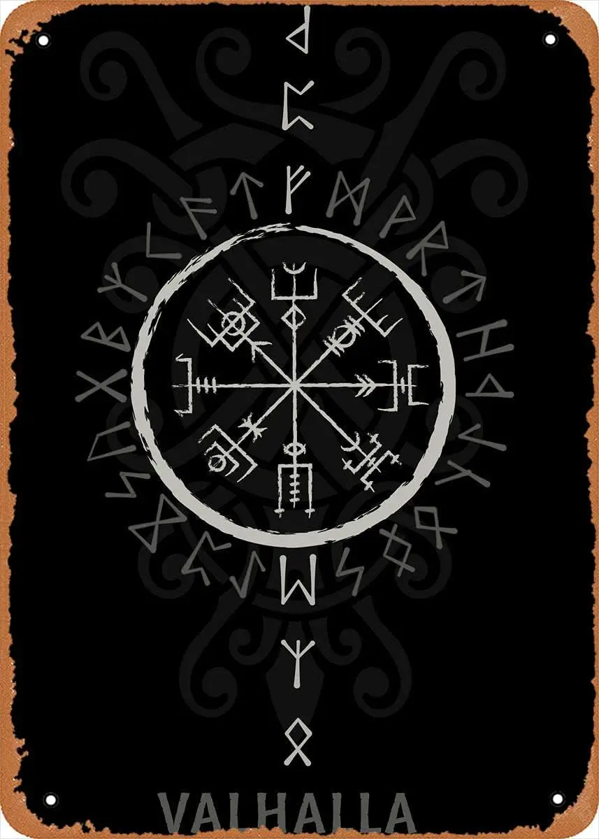 WZVZGZ Vintage Wall Poster Metal Plaque Vikings Valhalla Vegvisir Metal Sign Home Decor Wall Art Decoration for Garage Bar Resta