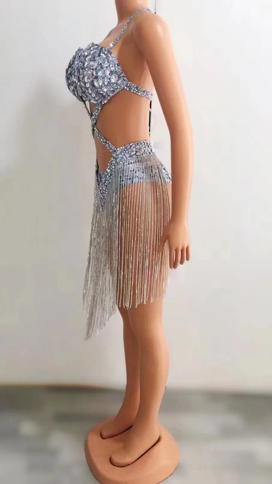 Rückenfreier Damen-Leotardrock mit Kristallen und Ketten für Abendveranstaltungen, Abschlussball, Geburtstagsfeiern, Tanzkostüm, sexy und luxuriös – Detail 4