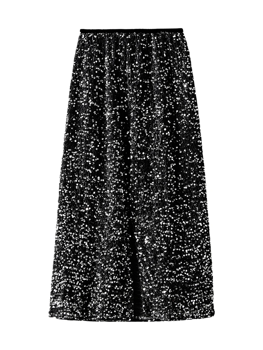 Women s Sequin Maxi Skirt Elegant Elastic Waist Shiny Midi Length Dress Glitter Shiny Party Bling Sparkly Skirt Streetwear