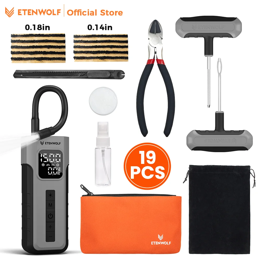 

New ETENWOLF C2 Combo Emergency Inflator & Plug Kit with 16 Pcs, Tire Repair Spray Tire Repair Pliers, Tire Plug Strips, Grease