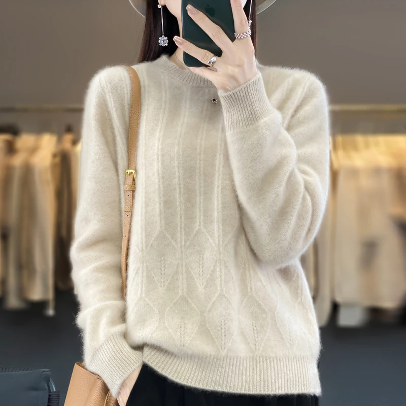 100% merino cashmere sweater women's sweater O-neck long-sleeved pullover thick warm pullover jacket for autumn and winter.