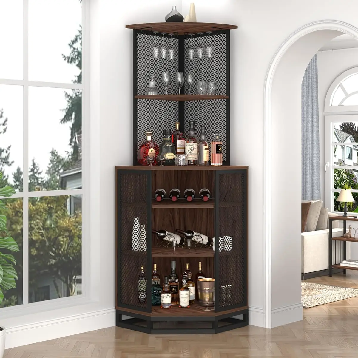 

Ibf Tall Corner Bar Cabinet, Large Wood And Metal Liquor Cabinet With Wine Rack, Corner Wine Cabinet With Adjustble Shelf