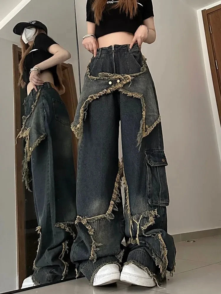 

Jmprs Y2K Tassel Women Jeans Streetwear Vintage High Waist Hip Hop Female Denim Cargo Pants Bf Designed Pocket Jean