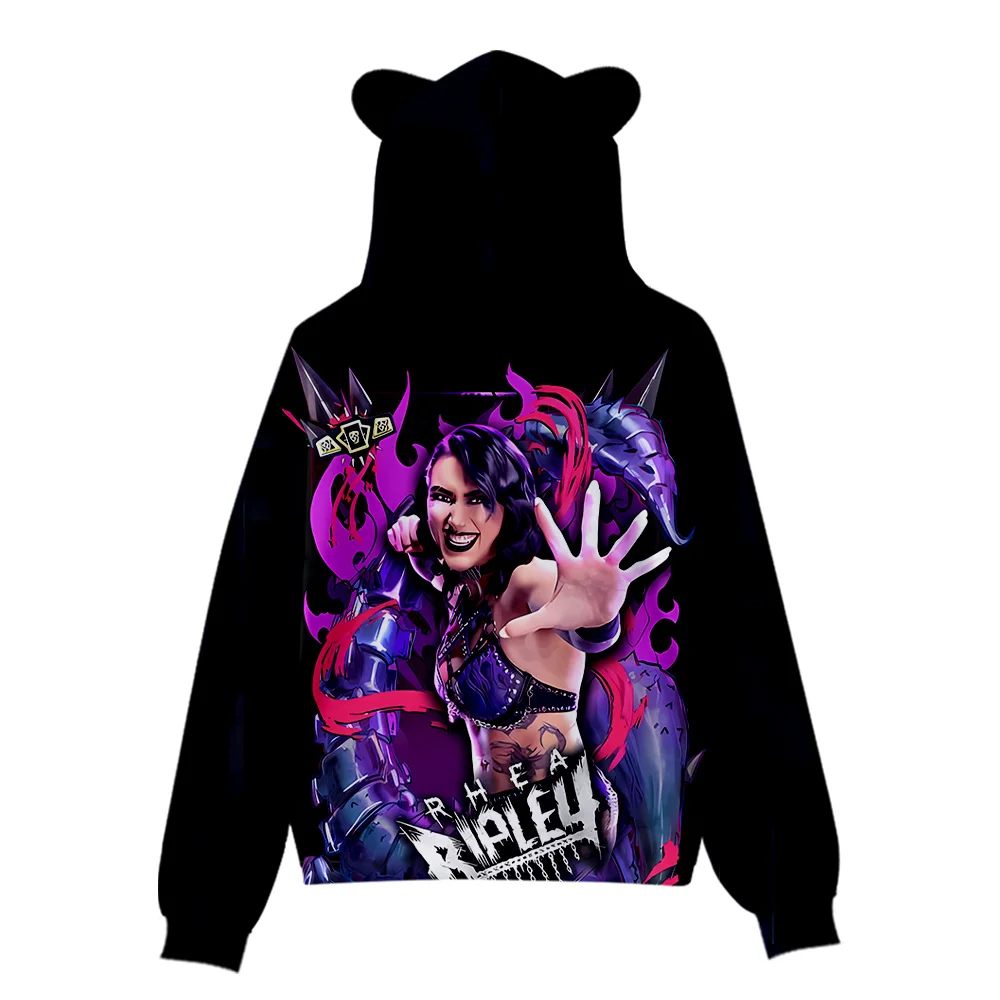 Rhea Ripley Merch Hoodies Sweatshirt für Mädchen, Katzenohr-Crop-Pullover, bedruckte Freizeitkleidung