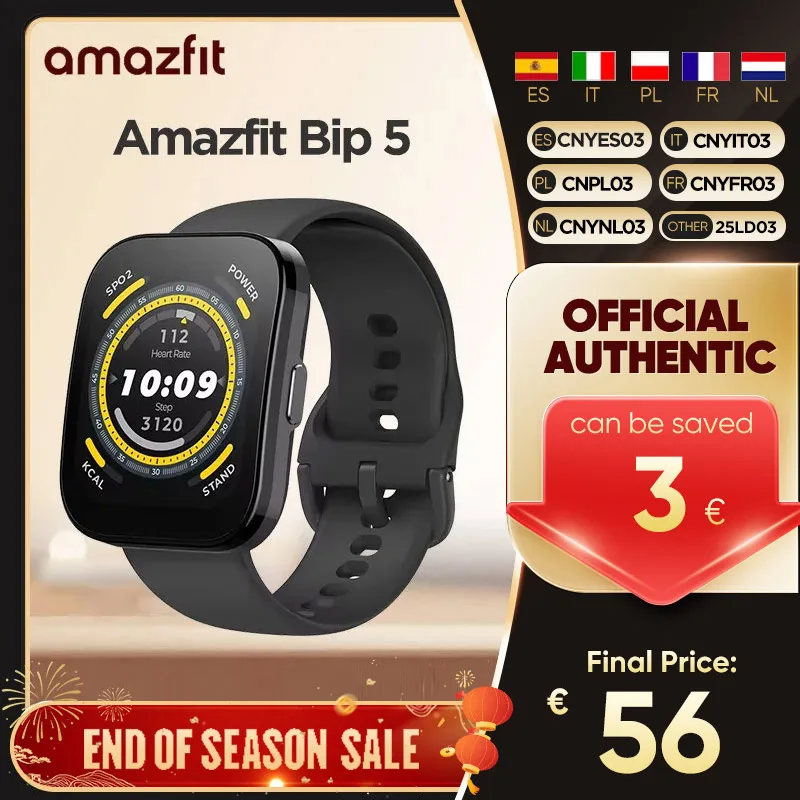 Amazfit Bip 5 Smartwatch BT 5.0 1.91'' LCD Touchscreen 10 Days Battery Life 120+ Sport Modes Bluetooth Call Download APPs GPS