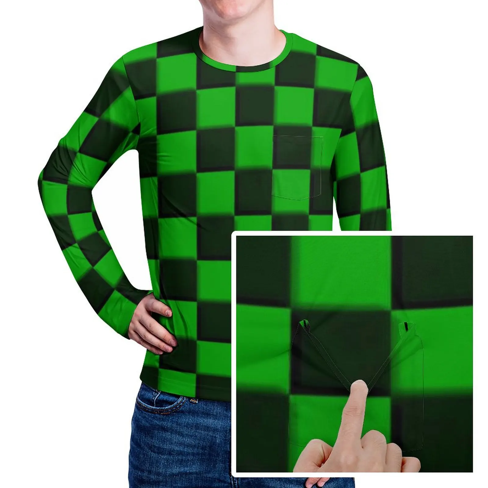 Cool Checkerboard T Shirt Green Black Checkers Male Hippie T-Shirts Autumn Design Tees Long Sleeve Fun Oversized Gift