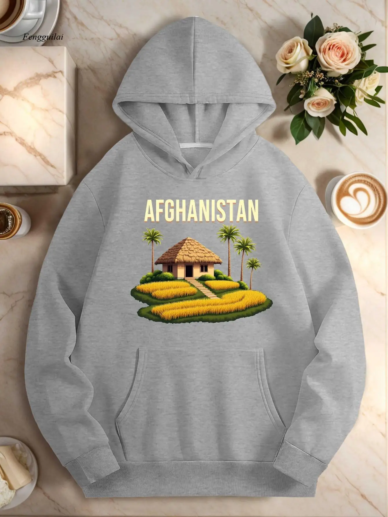 سويت شيرت بغطاء للرأس للمناظر الطبيعية - طباعة القرية الأفغانية ومدينة القبول، بلوفر بقلنسوة غير قابل للتمدد مع جيوب، قابل للغسل في الغسالة