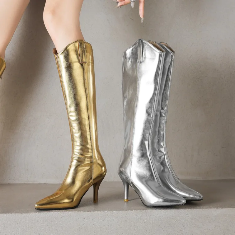 

Новые золотистые и серебряные сапоги до колена с молнией сзади, лаконичные женские сапоги на высоком каблуке с острым носком, осень-зима, 48
