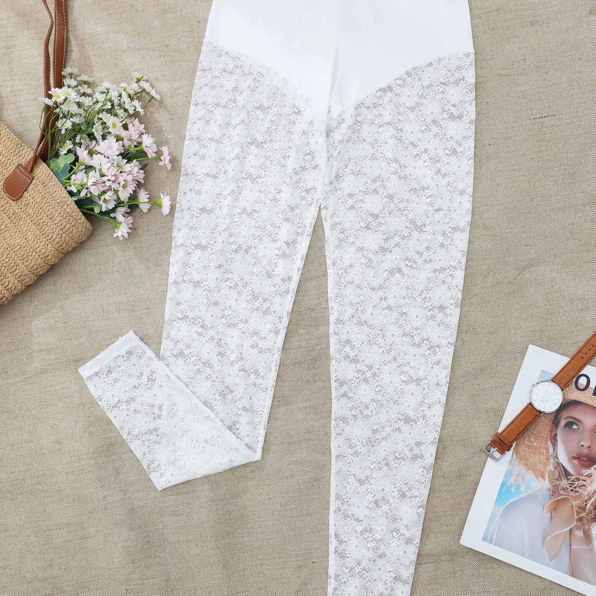 Damen Sommer Slim Fit Leggings mit hoher Taille, florale Spitze, durchsichtig, elastisch, lange Bleistifthose, Vintage, durchsichtige Hose