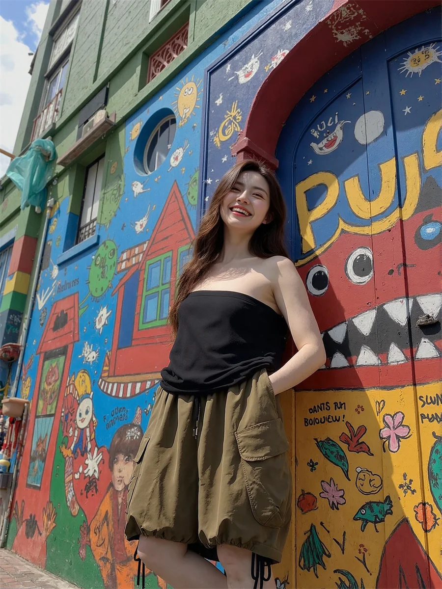 Shorts mit weitem Bein und mehreren Taschen für Damen, Vintage-Stil, Grunge, Gothic, Punk, Schwarz, modisch, Emo, japanische Y2K-Hotpants, Sommer, Straße, trendig